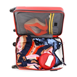 Photo of Packed suitcase with deodorant and clothes on white background, top view