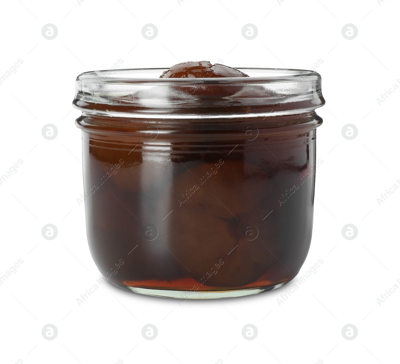 Photo of Jar of tasty sweet fig jam isolated on white