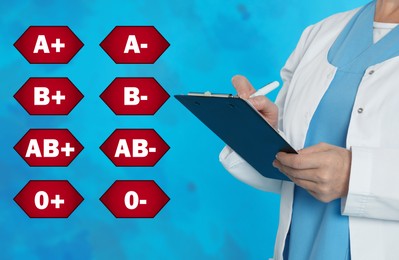 Image of Icons representing different blood types and doctor with clipboard on turquoise background, closeup