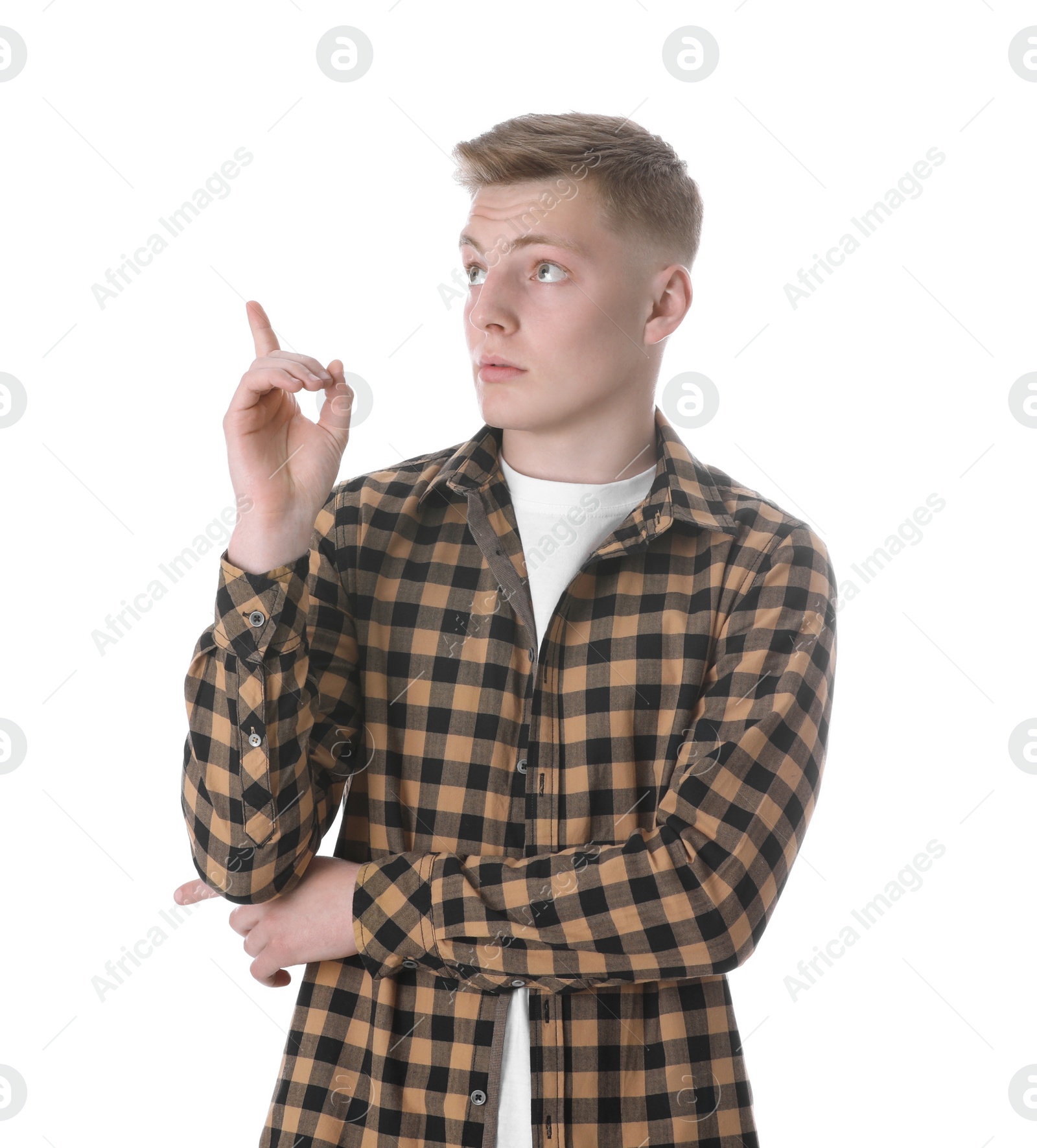 Photo of Portrait of emotional teenage boy on white background