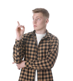 Portrait of emotional teenage boy on white background