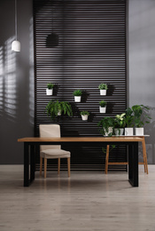 Wooden table and plants in room. Stylish interior design