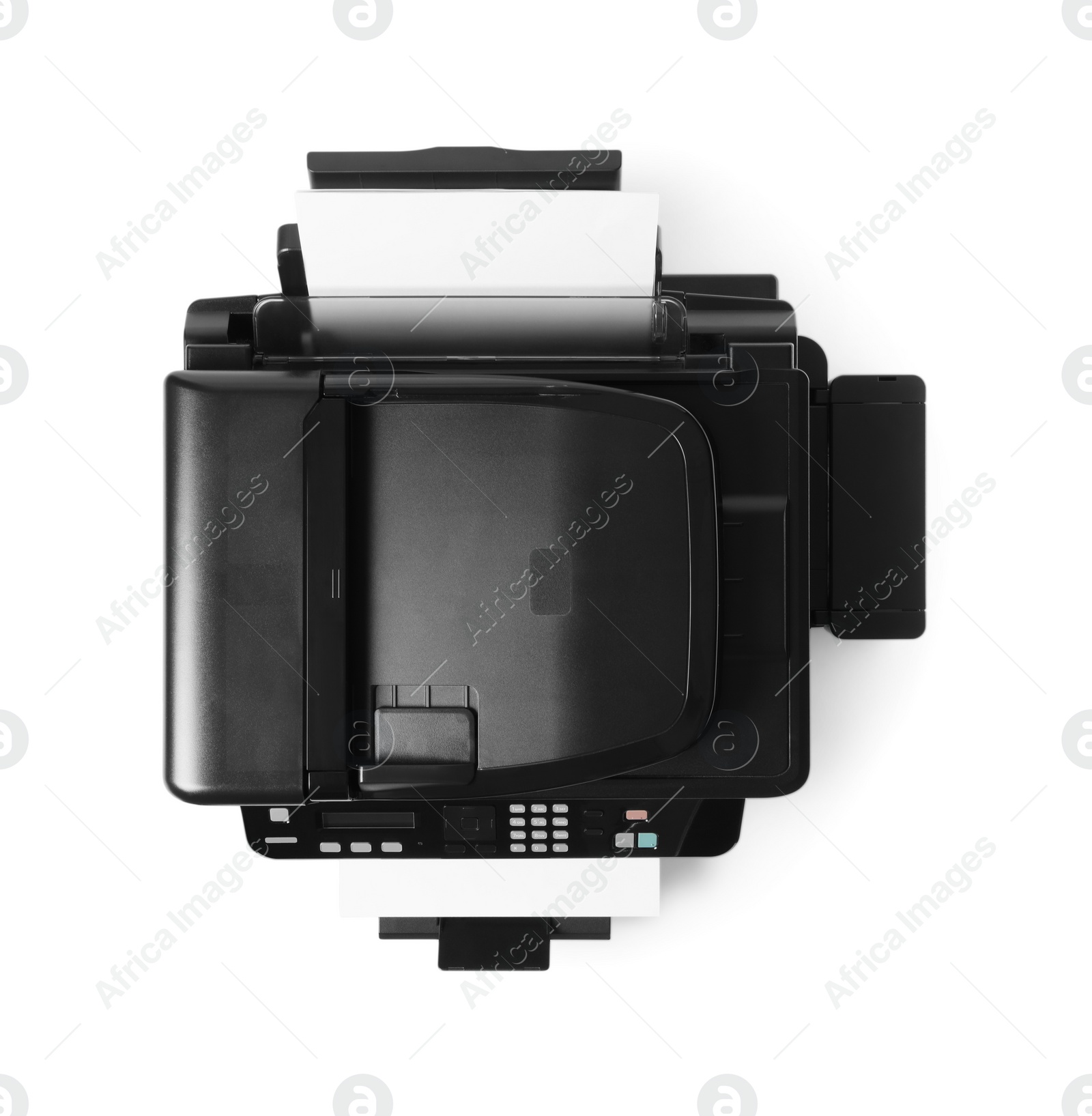 Photo of New modern printer isolated on white, top view