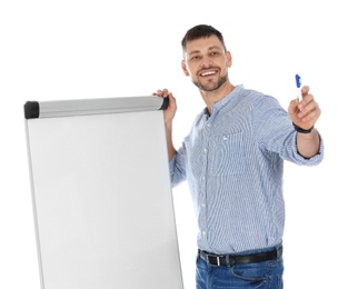 Photo of Professional business trainer near flip chart board on white background. Space for text