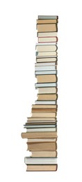 Photo of High stack of many different books isolated on white