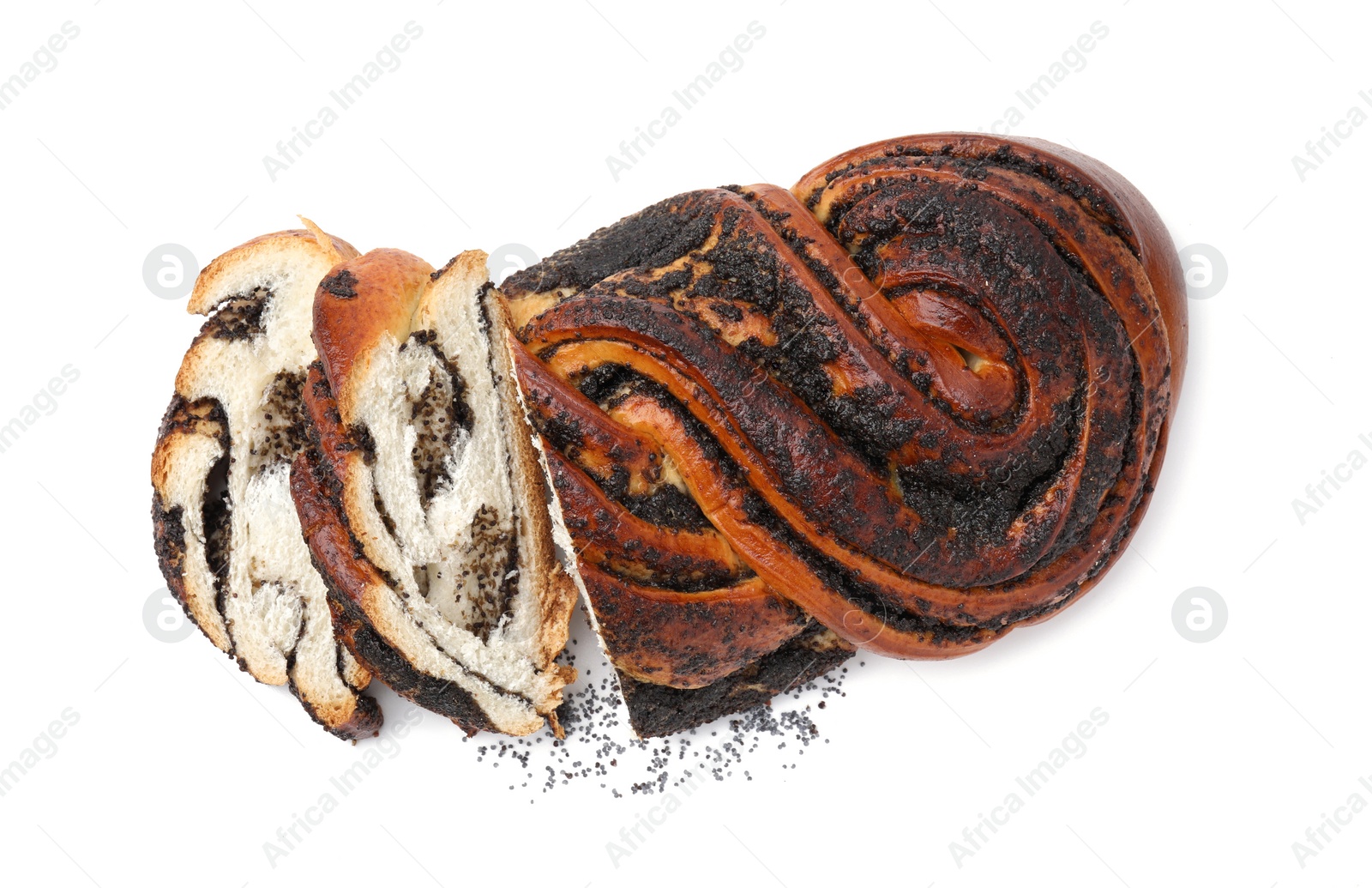 Photo of Cut poppy seed roll isolated on white, top view. Tasty cake