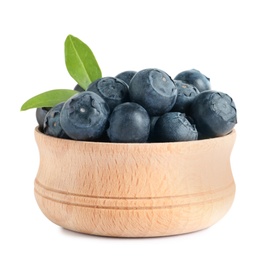Bowl of fresh raw blueberries with leaves isolated on white