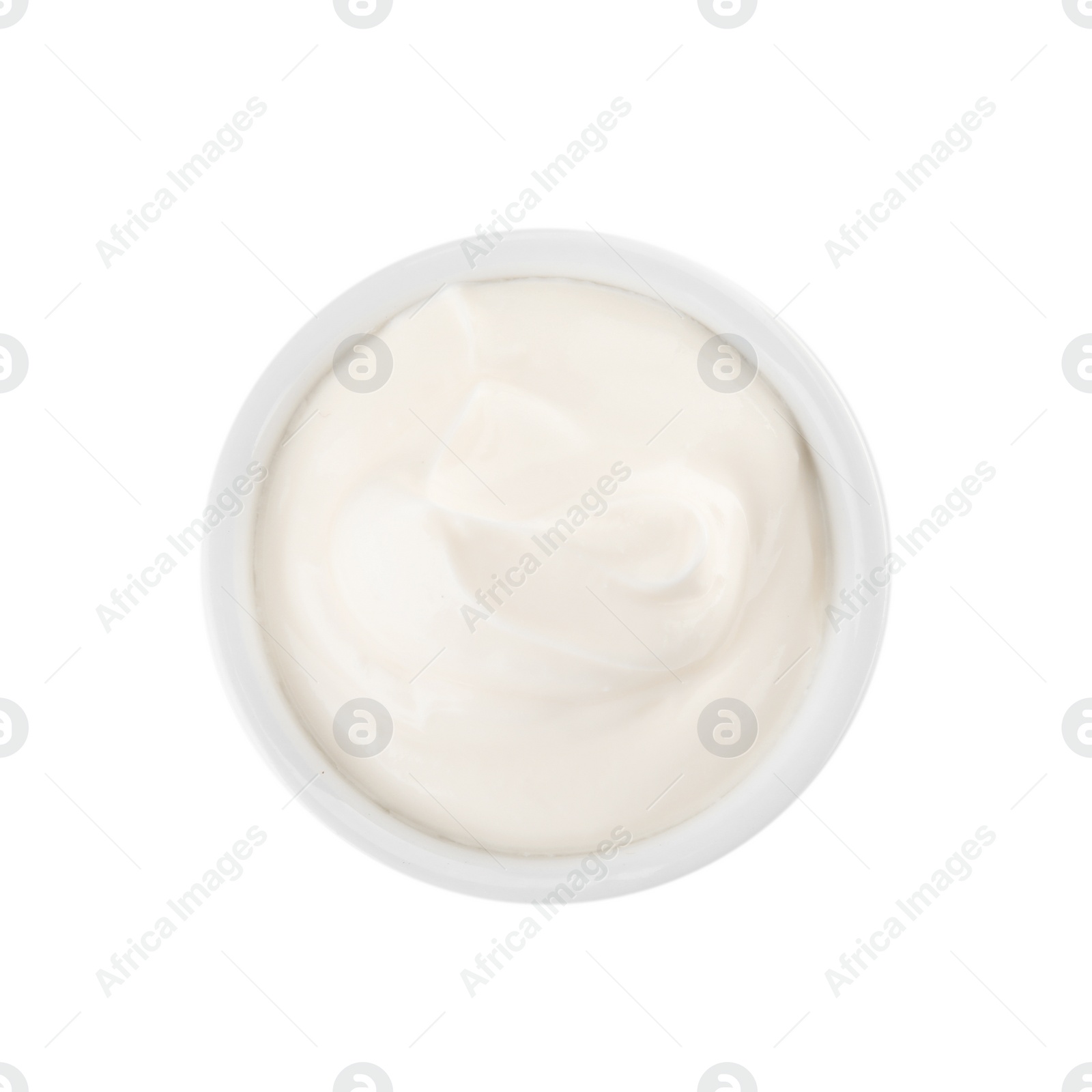 Photo of Bowl with sour cream on white background, top view