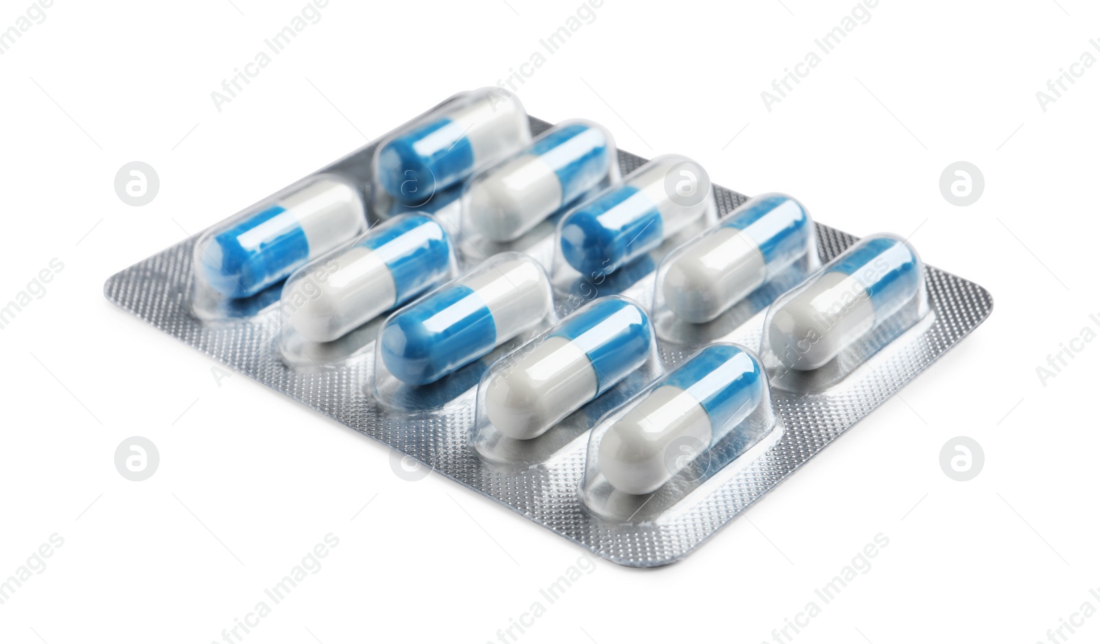 Photo of Blister with bright pills isolated on white