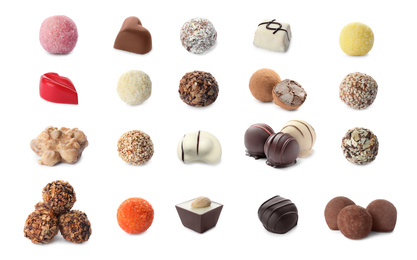 Image of Set with colorful chocolate candies on white background