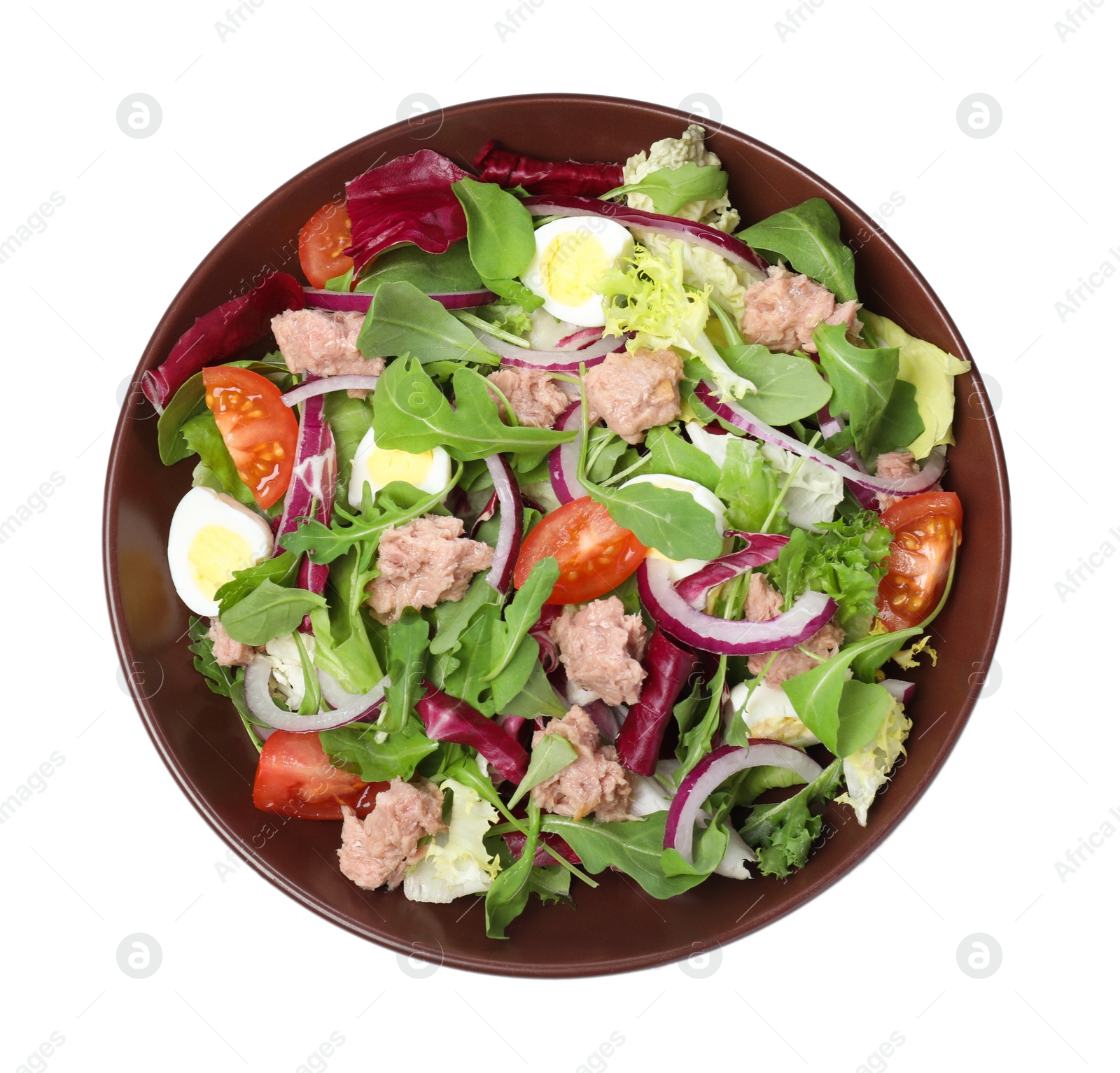 Photo of Bowl of delicious salad with canned tuna and vegetables on white background, top view