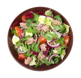 Photo of Bowl of delicious salad with canned tuna and vegetables on white background, top view