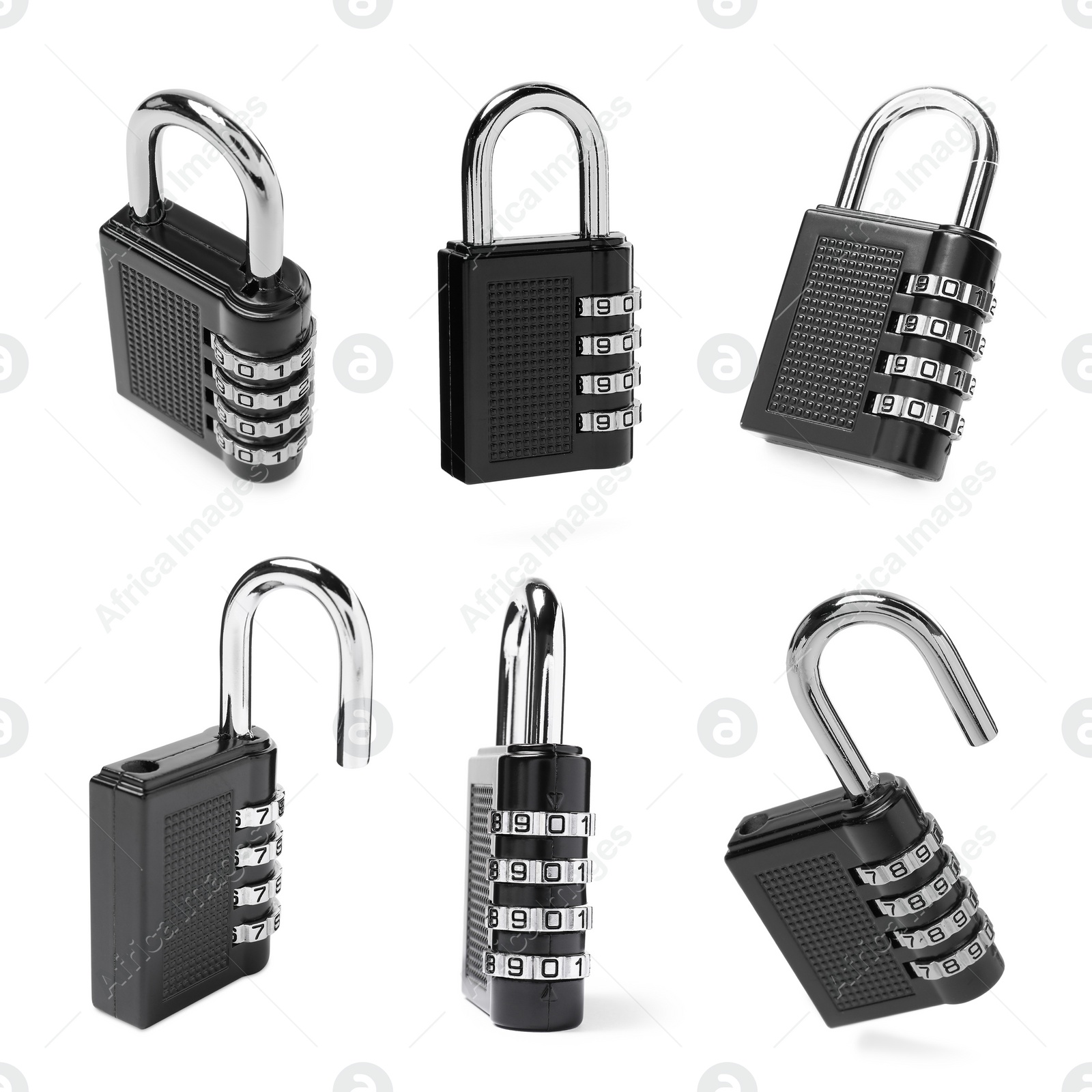 Image of Steel combination padlock isolated on white, different sides. Set