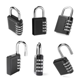 Image of Steel combination padlock isolated on white, different sides. Set