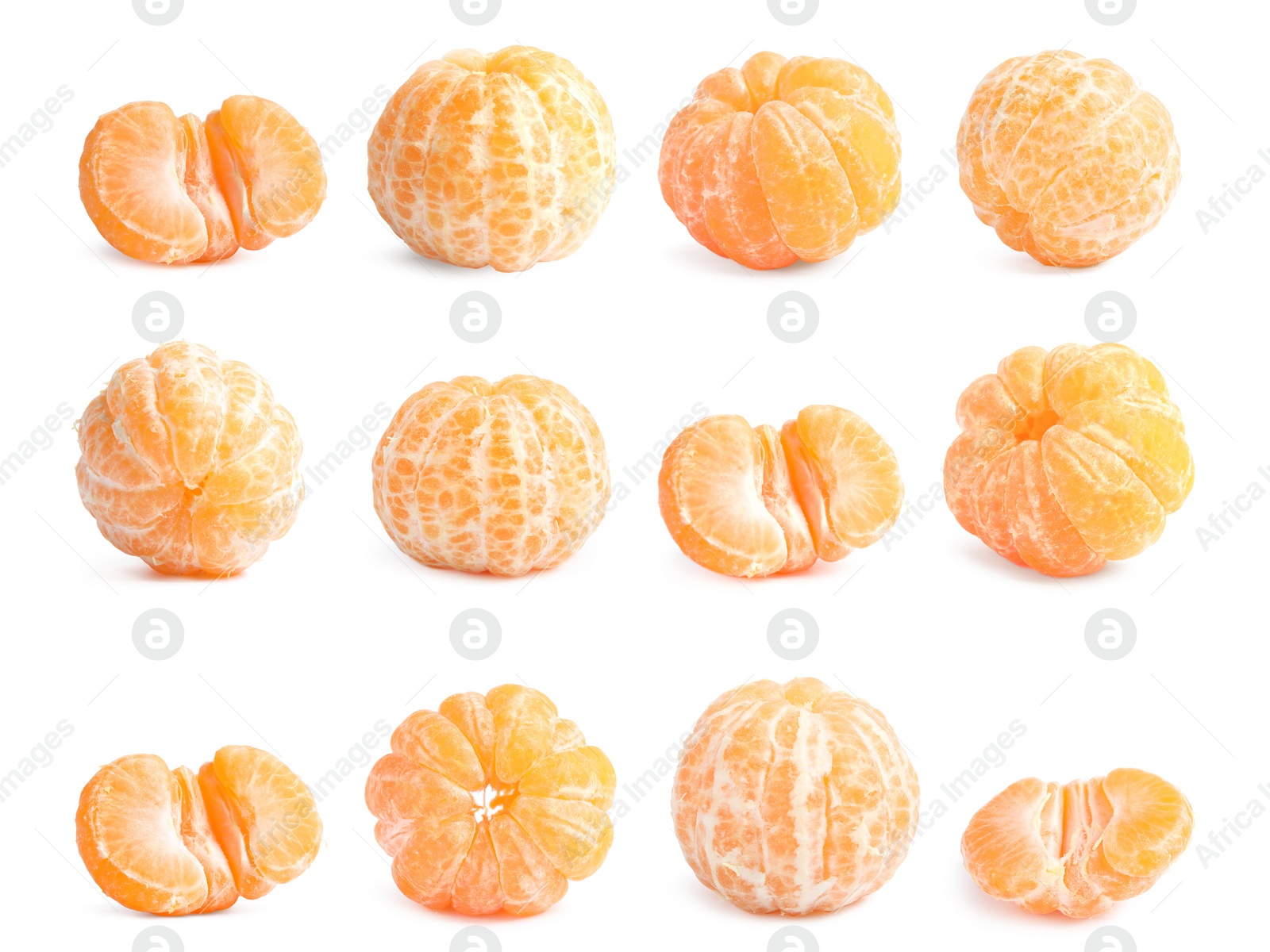 Image of Set of fresh ripe tangerines on white background