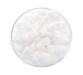 Refined sugar cubes in bowl on white background, top view