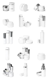 Set of luxury cosmetic products on white background