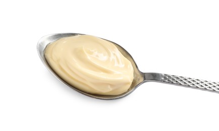 Photo of Spoon with tasty mayonnaise isolated on white