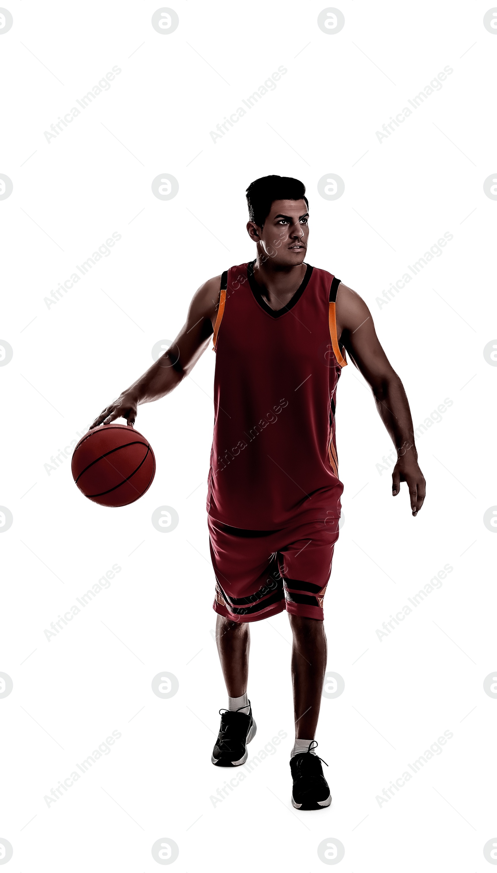 Image of Silhouette of professional sportsman playing basketball on white background