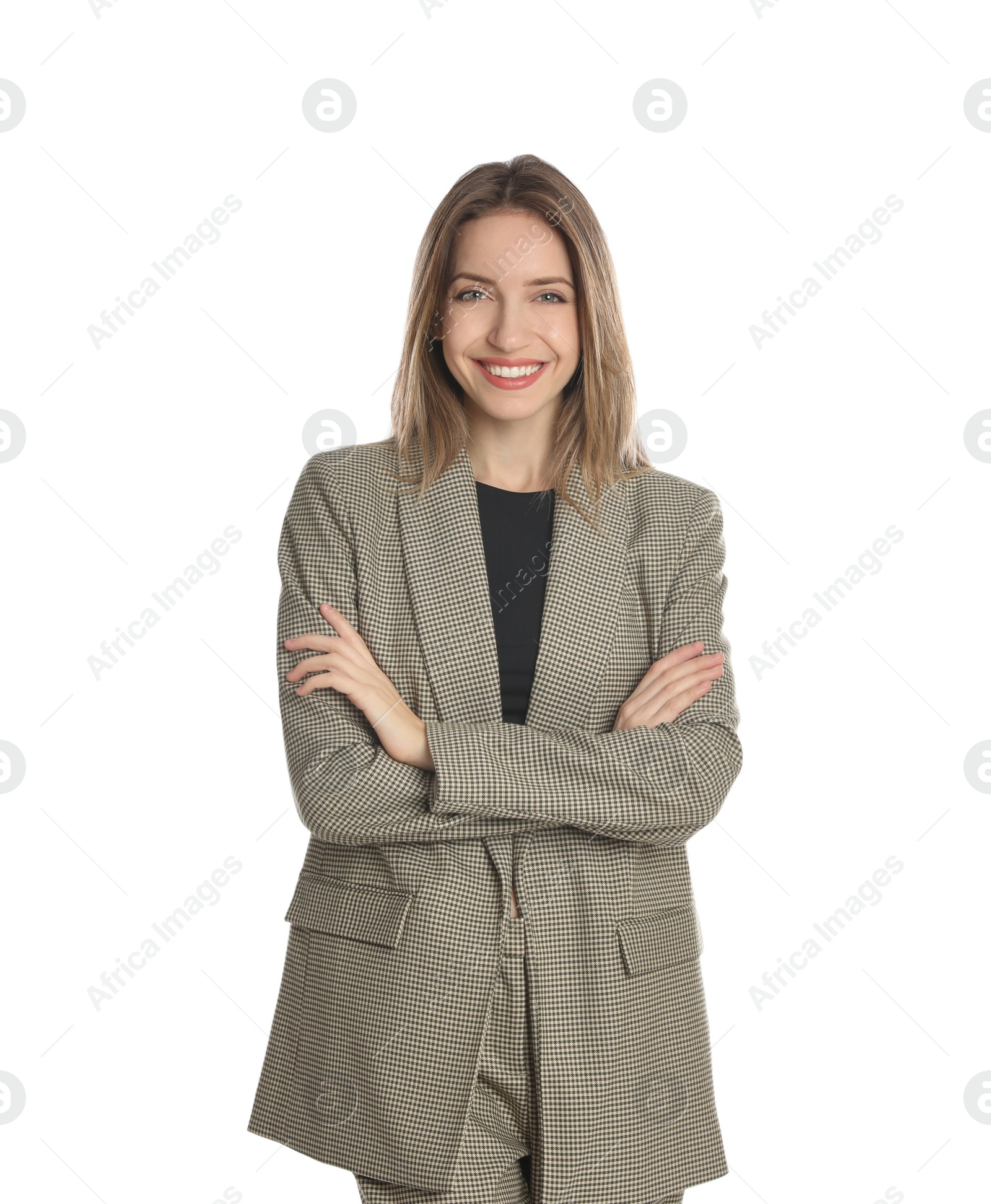 Photo of Portrait of beautiful young woman in fashionable suit on white background. Business attire