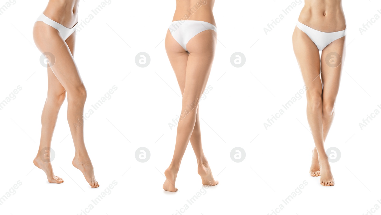 Image of Collage with photosyoung woman after epilation on white background, closeup