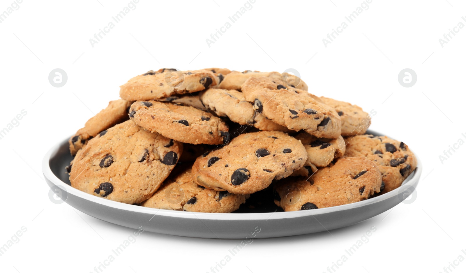 Photo of Plate of delicious chocolate chip cookies isolated on white