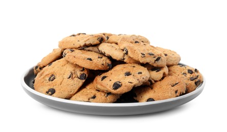 Plate of delicious chocolate chip cookies isolated on white