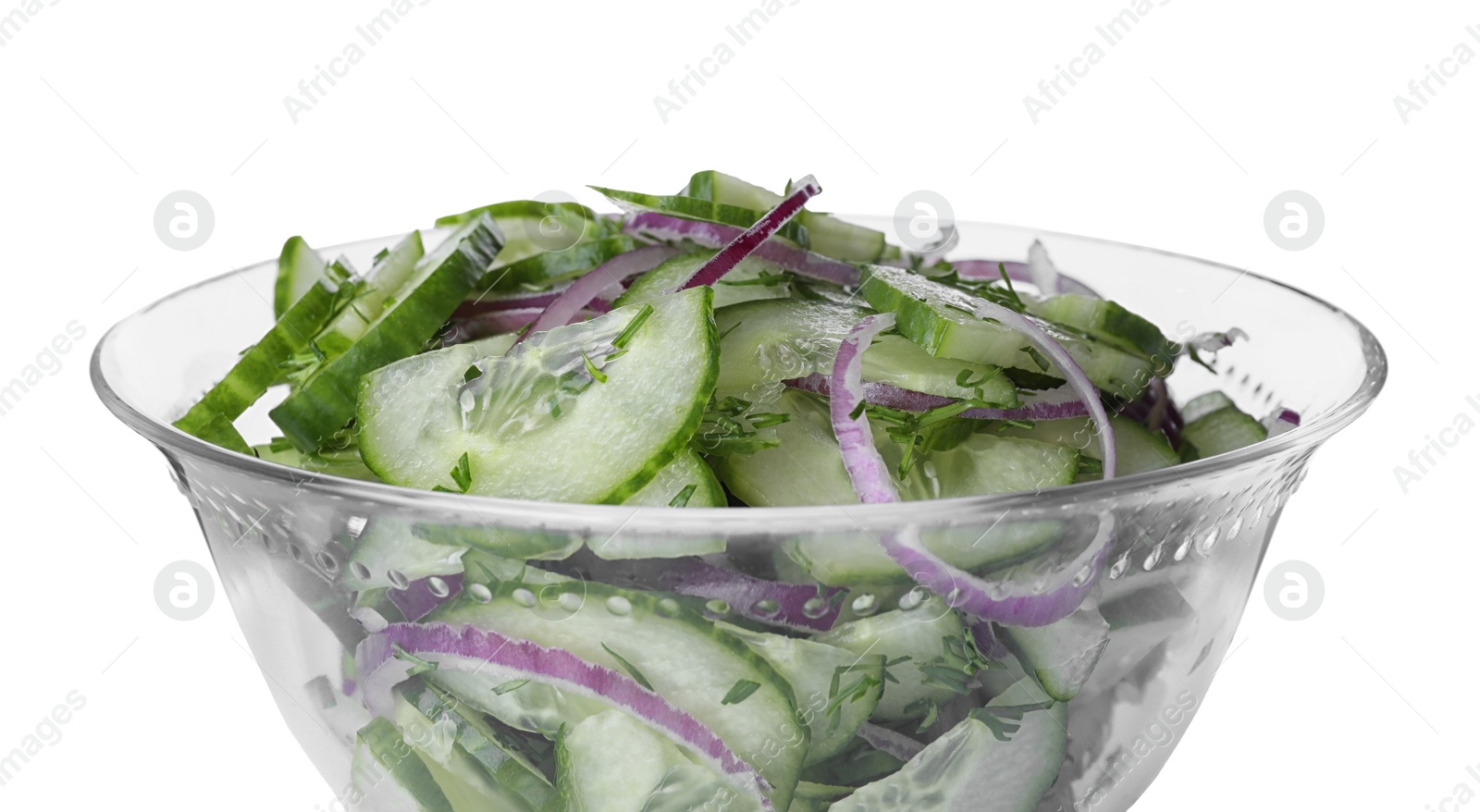 Photo of Fresh tasty salad with cucumber in bowl on white background