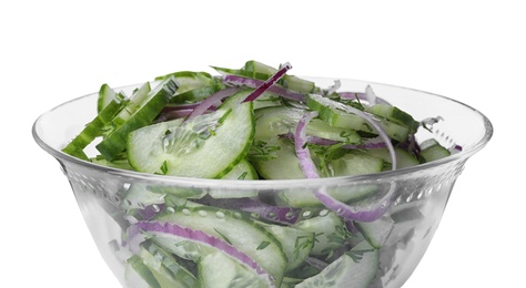 Fresh tasty salad with cucumber in bowl on white background