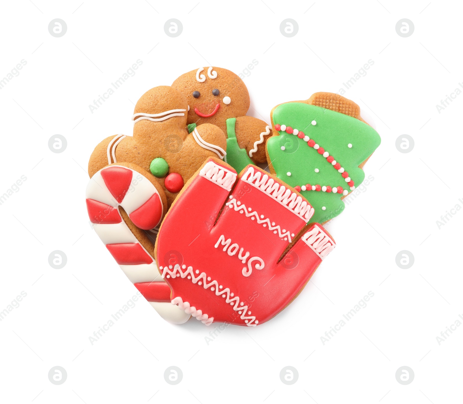 Photo of Pile of Christmas cookies on white background, top view