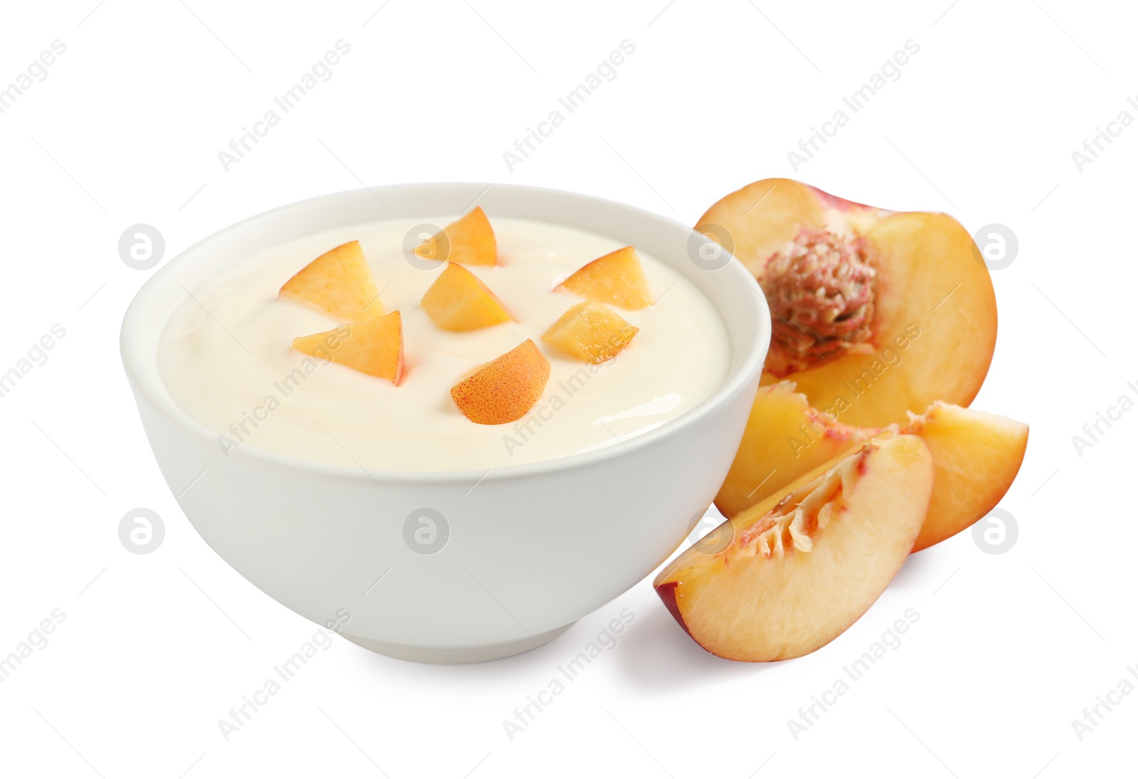 Delicious yogurt with fresh peach on white background Photo of Delicious yogurt with fresh peach on white background