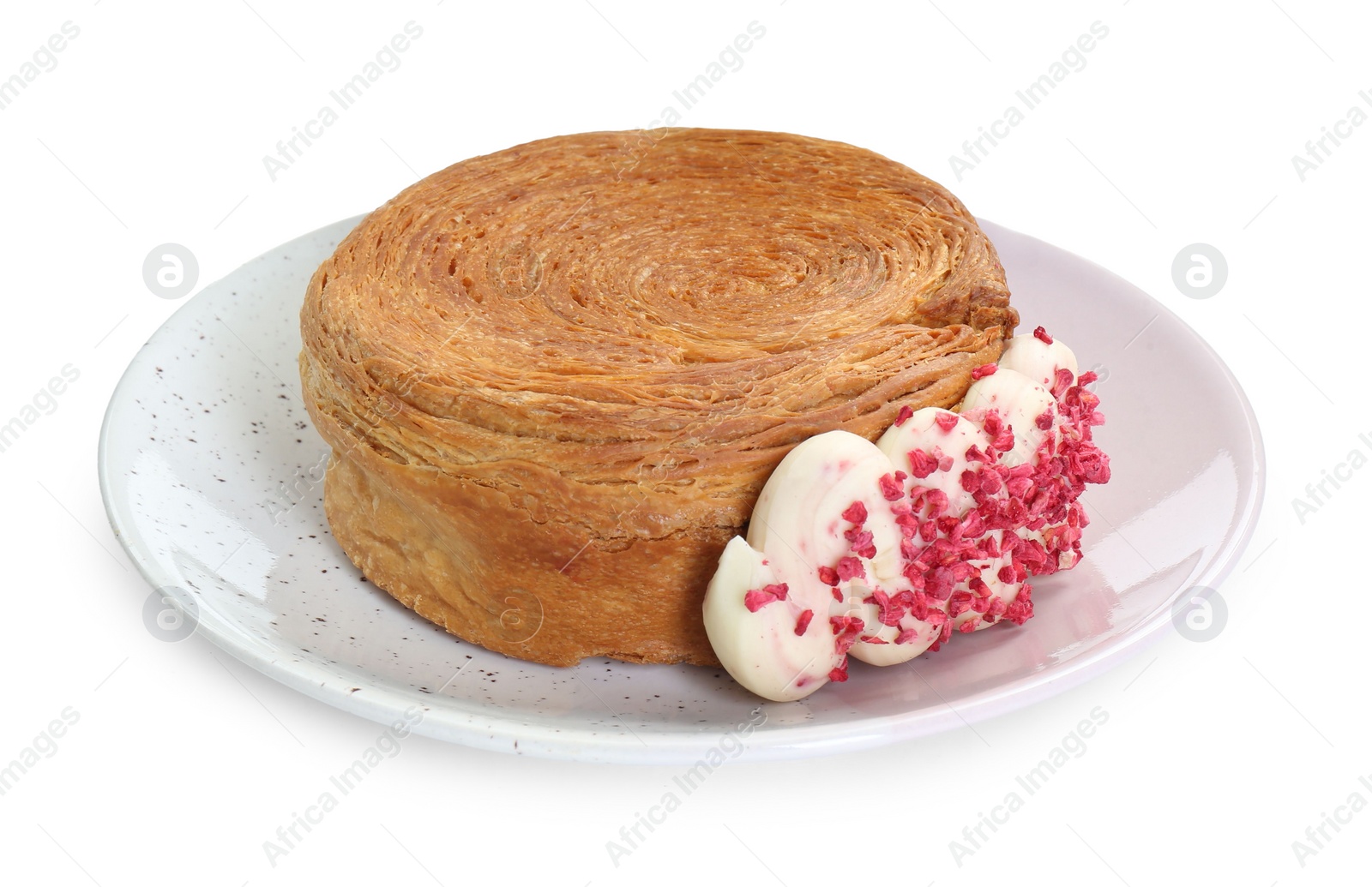 Photo of Round croissant with cream isolated on white. Tasty puff pastry