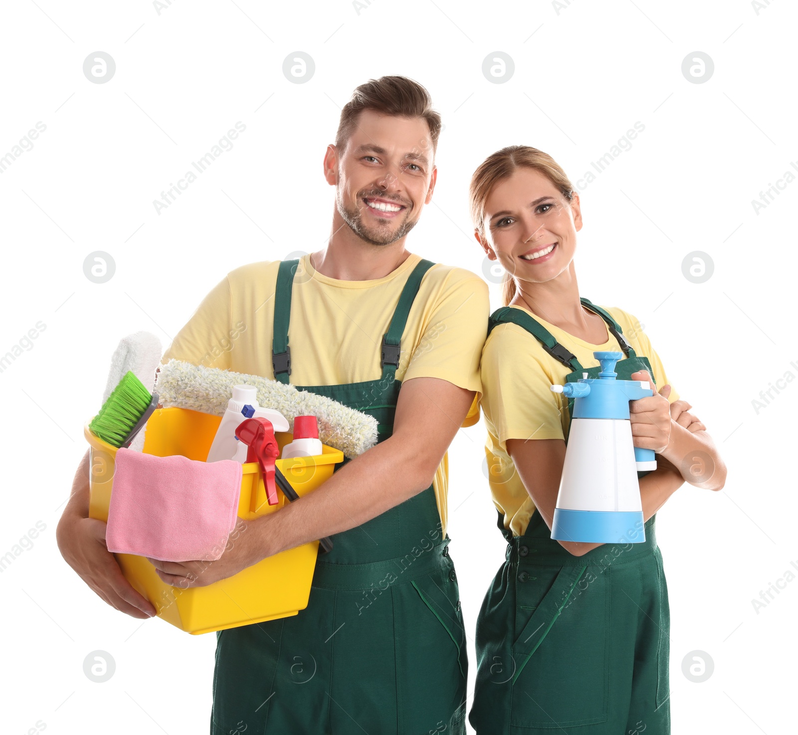 Photo of Janitors with cleaning supplies on white background