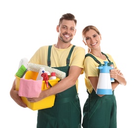 Photo of Janitors with cleaning supplies on white background