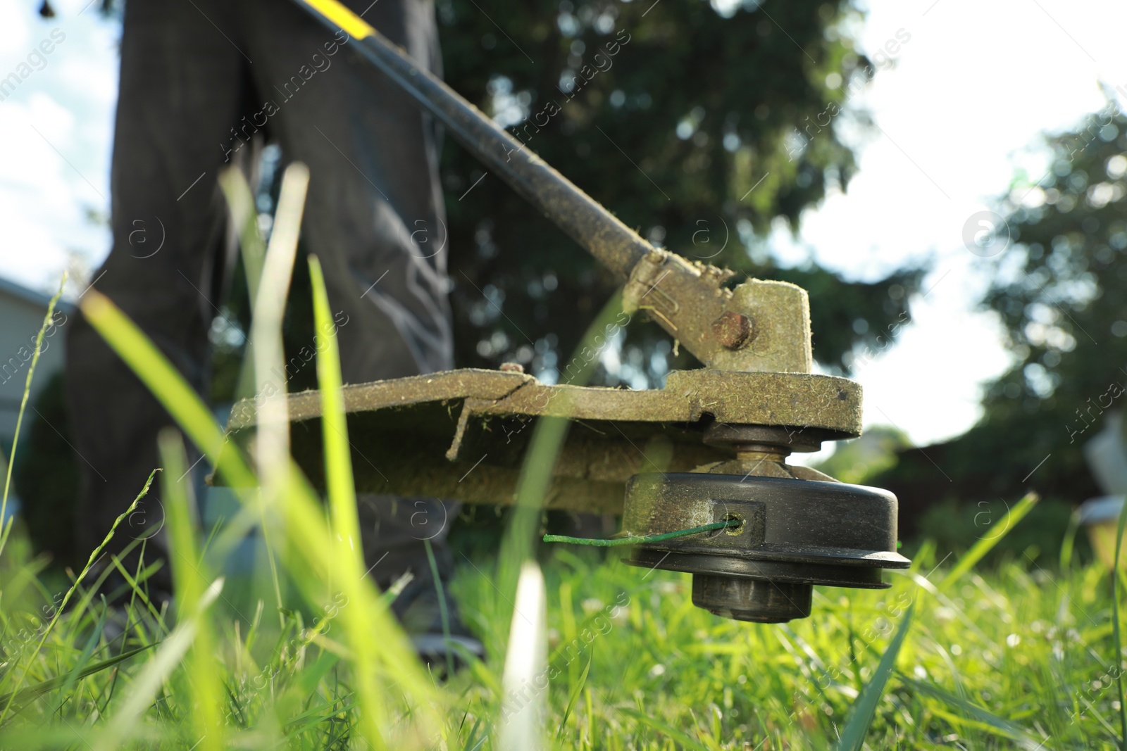 Photo of Man cutting green grass with string trimmer outdoors, closeup