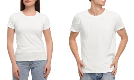 Image of People wearing casual t-shirts on white background, closeup. Mockup for design