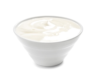 Bowl with creamy yogurt on white background