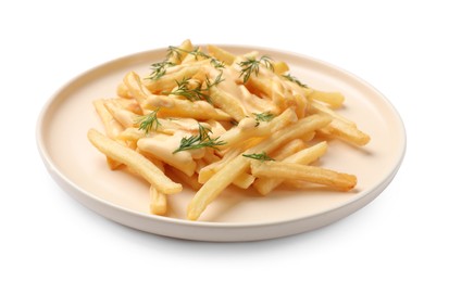 Photo of Delicious french fries with cheese sauce and dill isolated on white