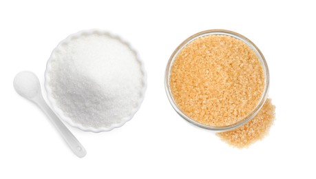 Image of Different types of sugar isolated on white, top view