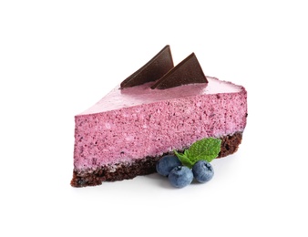 Photo of Piece of tasty blueberry cake on white background