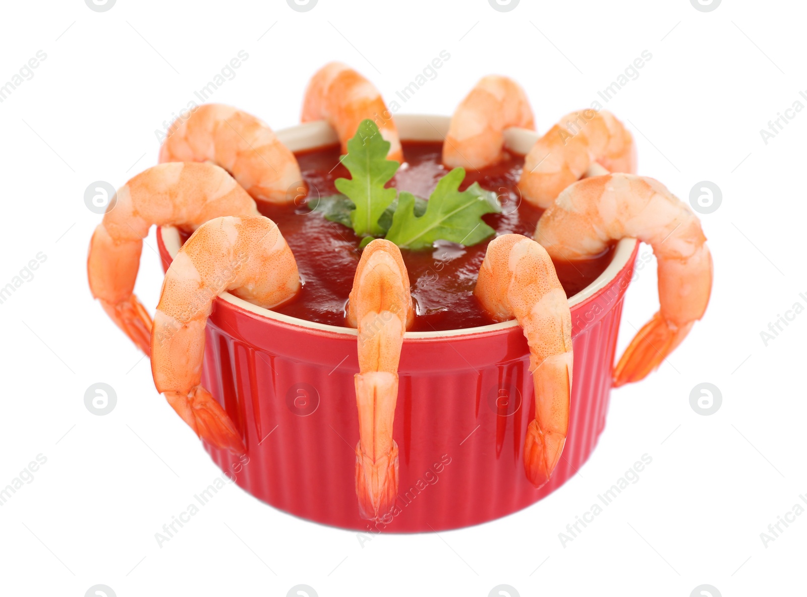 Photo of Delicious shrimp cocktail with tomato sauce isolated on white