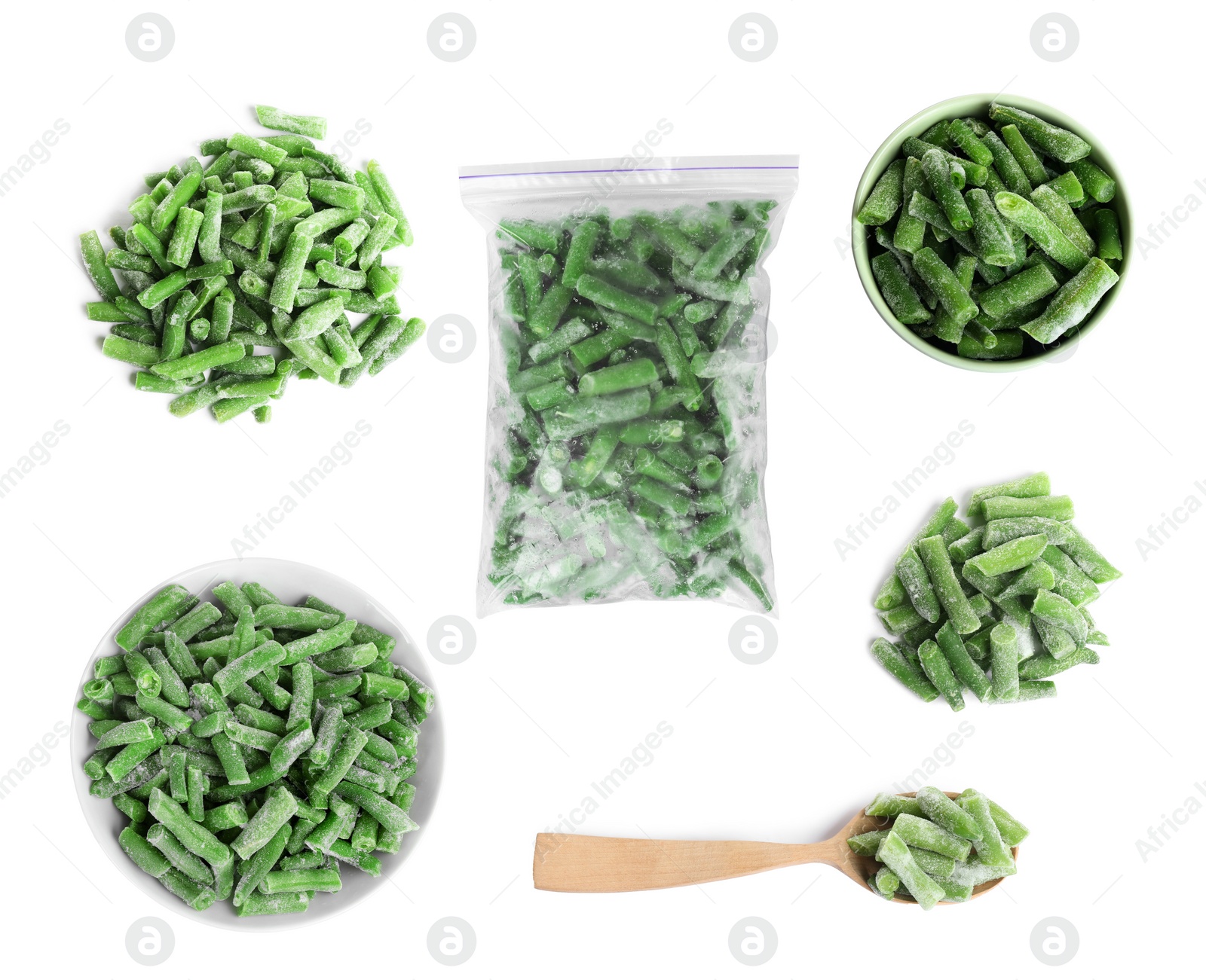 Image of Set of frozen green beans on white background, top view. Vegetable preservation