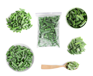 Image of Set of frozen green beans on white background, top view. Vegetable preservation