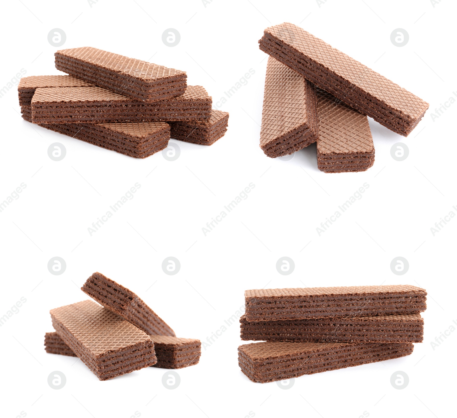 Image of Set of delicious crispy wafers on white background. Sweet food