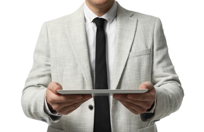 Photo of Businessman holding tablet computer on white background, closeup