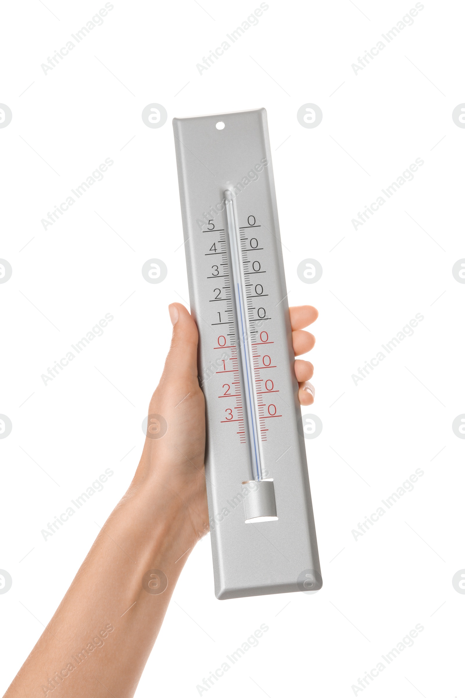 Photo of Woman holding weather thermometer on white background, closeup