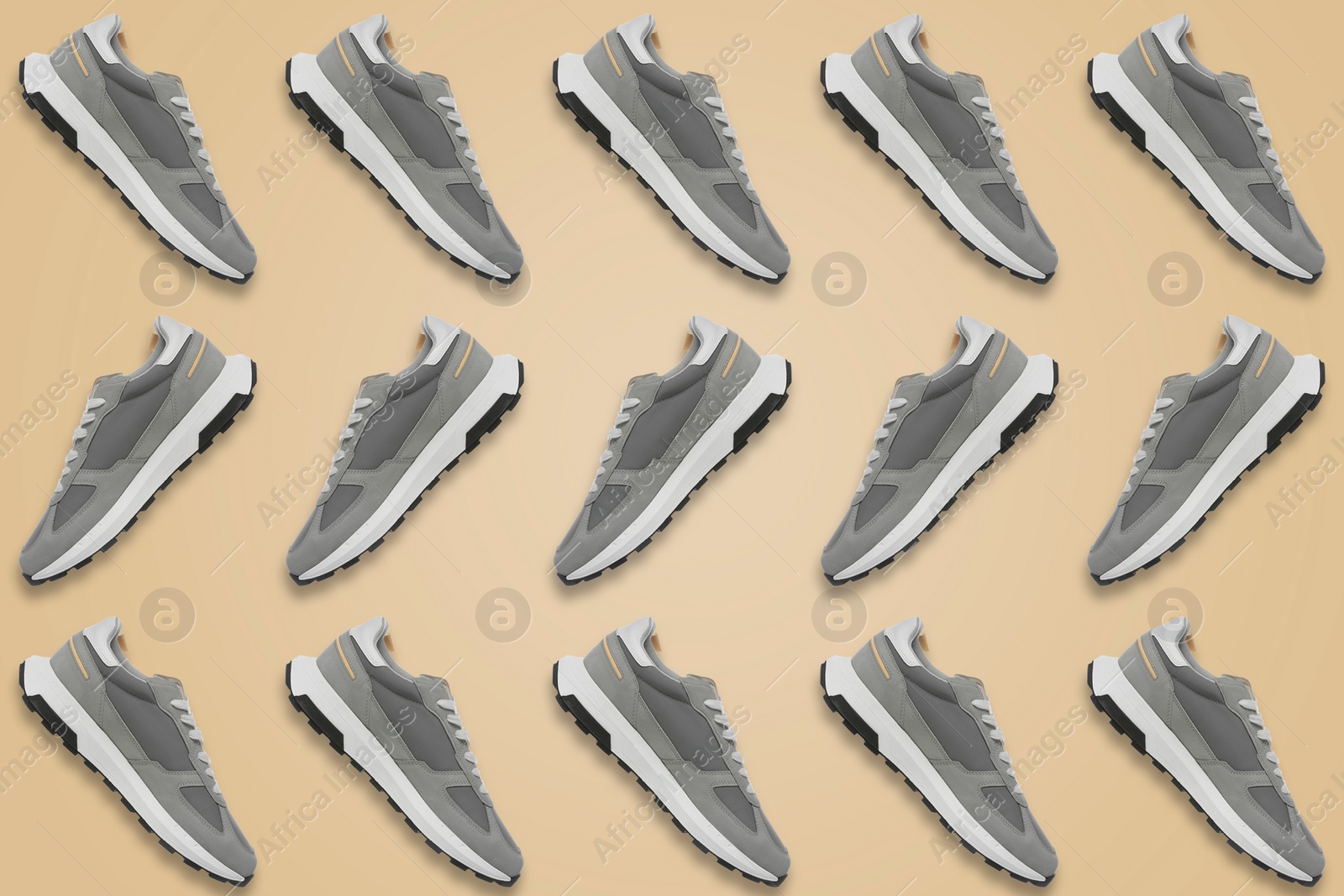 Image of Collage of grey stylish sneakers on beige background