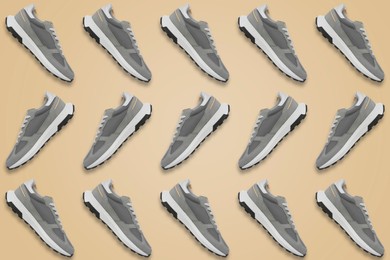 Image of Collage of grey stylish sneakers on beige background