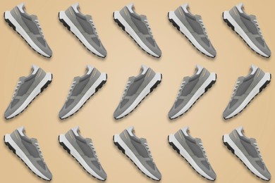 Collage of grey stylish sneakers on beige background