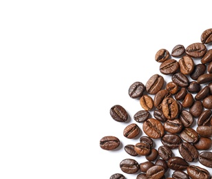 Roasted coffee beans on white background, top view